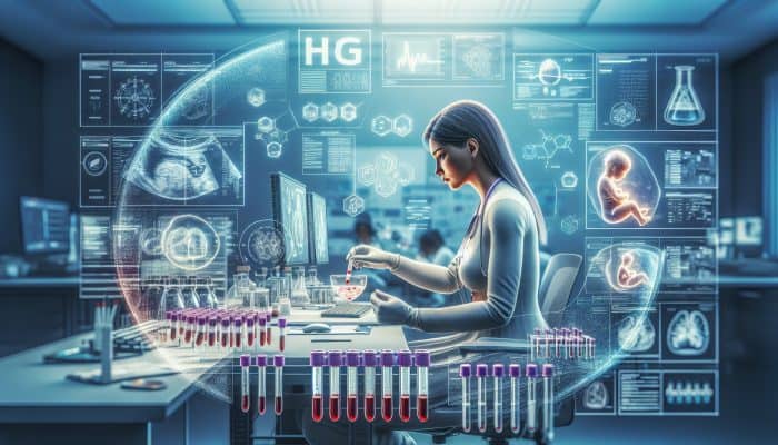 Pregnancy Blood Test in Stirling: A focused healthcare professional in a modern Stirling lab examines hCG blood samples, with monitors, test tubes, and a serene pregnant woman.