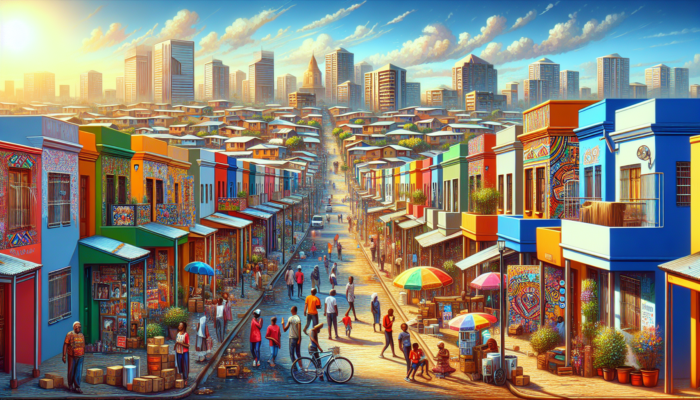 Vibrant Soweto street in Orlando East with colorful traditional homes, modern buildings, buyers exploring properties, murals, gatherings, and bustling markets under the sun.