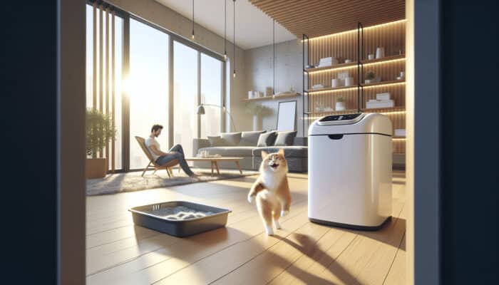 A sleek self-cleaning litter box in a sunlit living room, with a content cat playing and a relaxed owner bonding nearby.