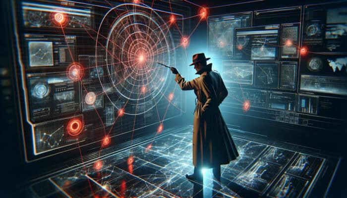 A digital detective in a high-tech office examines a glowing web of backlinks on holographic screens, highlighting low-quality links and tracking SEO metrics.