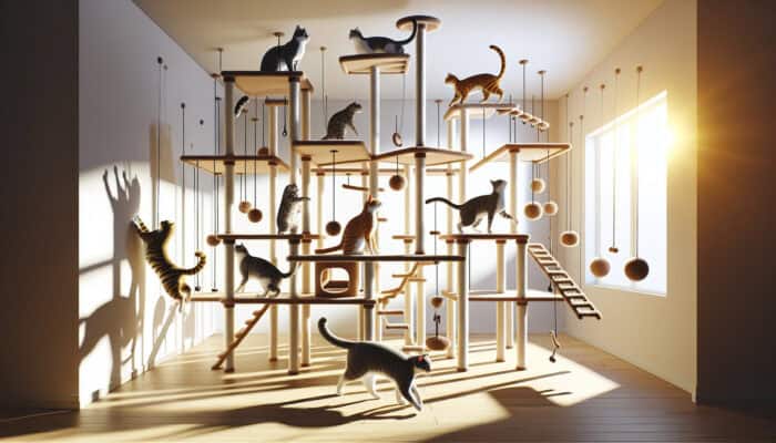 Energetic cats playfully climbing a multi-level structure in a sunlit room, with toys and perches, showing agility and joy.