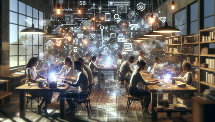 Small business owners in a Patchway shop analyse SEO data on screens, engage in social media, and manage email campaigns for local growth.