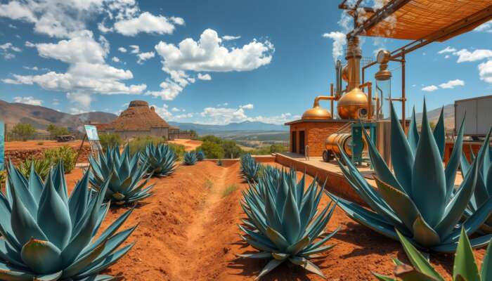 A vibrant scene depicting traditional mezcal production with agave plants and earthen pits alongside a sleek tequila distillery featuring blue agave and clear bottles in the picturesque Tequila region.