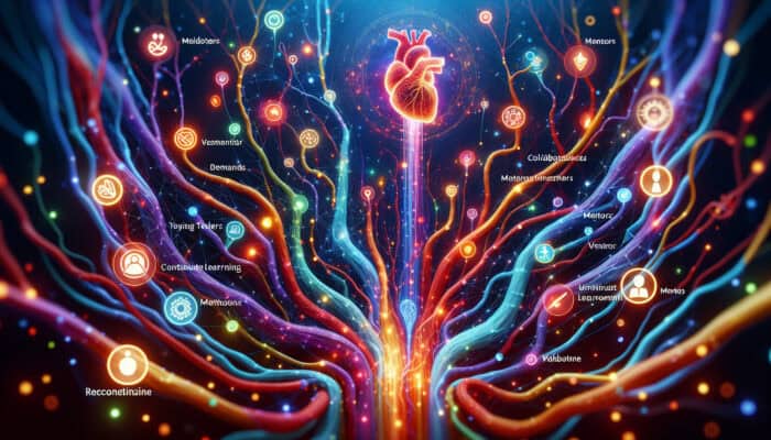 Illustration of a glowing human vascular system representing innovation: interconnected vessels for collaboration, nodes for tools and mentors, luminous paths for learning.