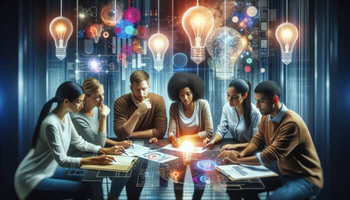 A diverse team collaborates in a futuristic workspace equipped with glowing lightbulbs, digital boards, and prototypes, fostering innovation.