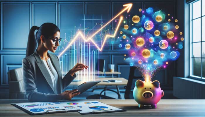 Financial analyst reviews various insurance quotes on a tablet in a modern office, amidst savings graphs and a bursting piggy bank.