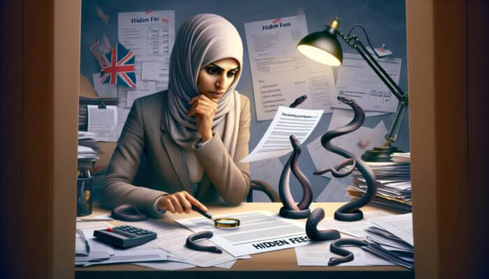 Analyst in a cluttered British office scrutinises a quote with a magnifying glass, revealing shadowy serpents from fine print, symbolising hidden costs.