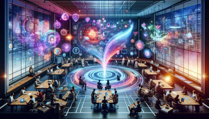 Experts collaborating in a design studio around a holographic virtual assistant, refining feedback interfaces on glowing screens.