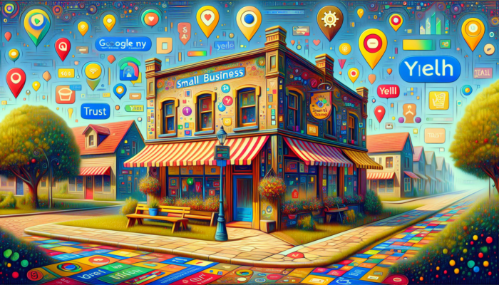 Bustling small business storefront in Lydney with glowing Google My Business and Yell overlays, displaying accurate details and rising search graphs.