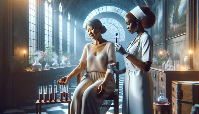 A middle-aged woman undergoes a menopause blood test in a serene Droitwich Spa clinic, with a nurse and calming spa features.