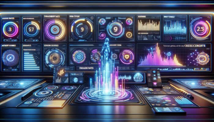 A futuristic digital dashboard showcasing graphs indicating rising engagement rates, accuracy metrics, and resolution times for AI chatbots with holographic features.