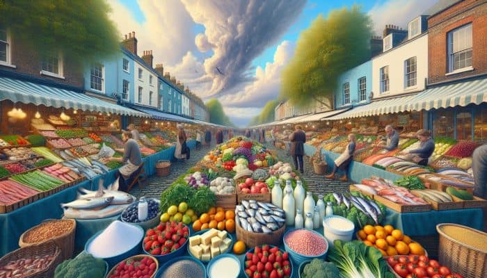 Understanding Thyroid Levels Fluctuate: A vibrant UK market scene showcasing fresh seafood, creamy dairy, colourful fruits, vegetables, iodized salt, organic produce, and hearty grains against a seasonal countryside backdrop.