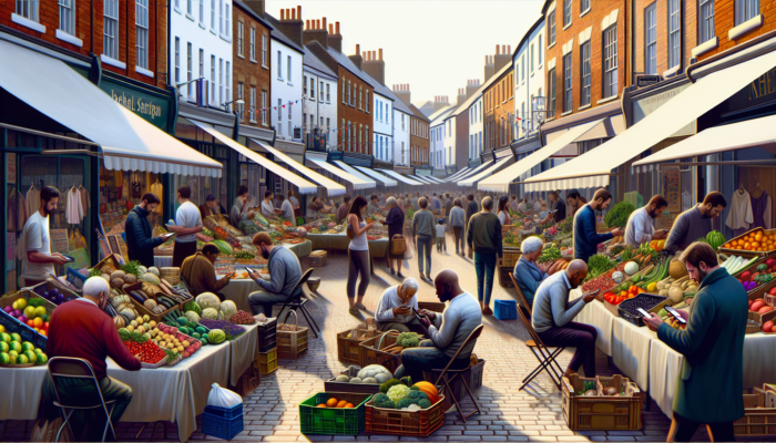 Vibrant high street in Melksham, UK, with colourful market stalls, vendors displaying fresh goods, and people engaging while browsing smartphones.