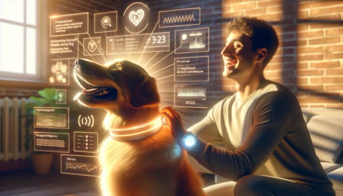 A content golden retriever wearing an AI collar, with a smiling owner petting it, as a tablet displays health data in a sunlit home.