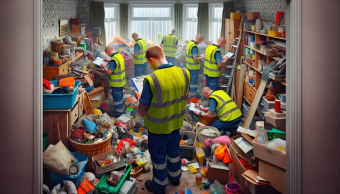 A cluttered British home during house clearance, with workers in hi-vis vests checking licenses and sorting items efficiently.