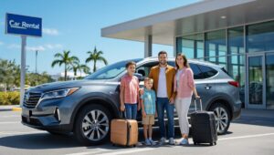 A smiling family of four stands in front of a gray SUV at a car rental location, ready for their family vacation. The casually dressed parents and children hold luggage, with palm trees and a blue "Car Rental" sign in the sunny backdrop.
