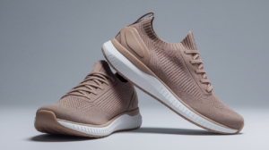 A pair of light brown Nexus Knit minimalist footwear by Xero Shoes with white soles. One shoe stands upright while the other leans against it, highlighting the side profile and details on a light gray background.