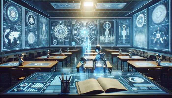 A virtual assistant learning cultural sensitivity through holograms and books in a diverse classroom setting.