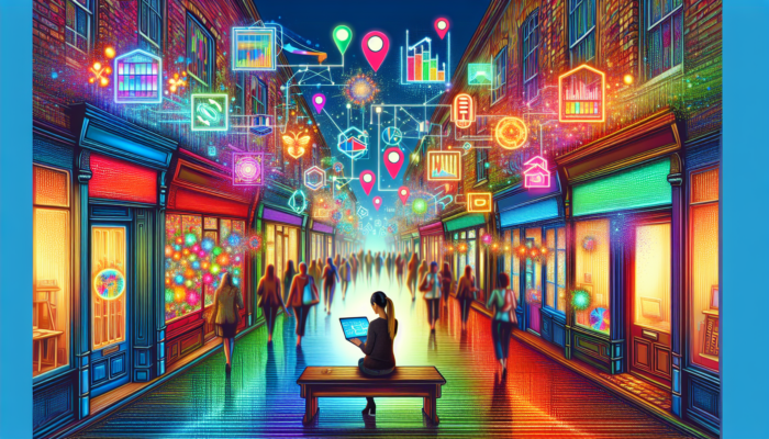 A bustling Warminster street with colorful shops glowing with SEO keywords; a business owner analyzes rankings on a laptop amid rising graphs and local maps.