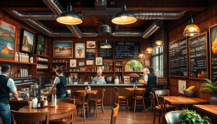 A lively cafe interior showcasing friendly staff serving customers, vibrant local artwork, seasonal ingredients, and a chalkboard menu featuring unique local flavors in a warm, inviting setting.