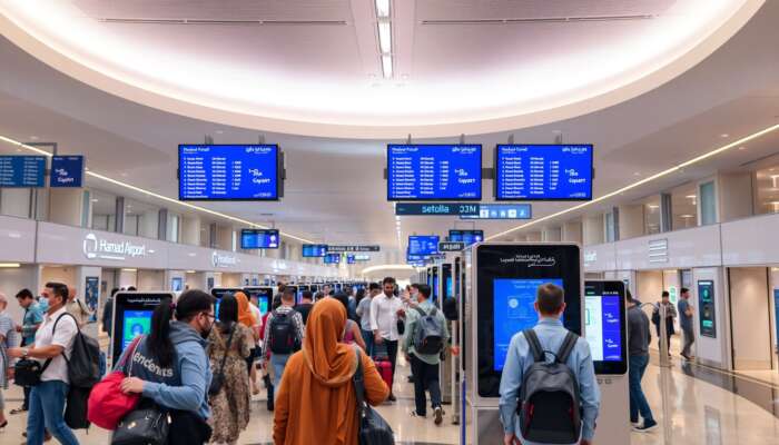 Hamad International Airport terminal: diverse passengers using biometric scanners for facial and fingerprint checks in a modern, LED-lit setting.