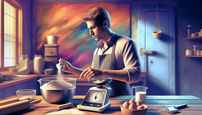 In a vibrant Australian kitchen, a focused cook weighs flour on a digital scale, levels dry ingredients in cups, and checks conversion charts.