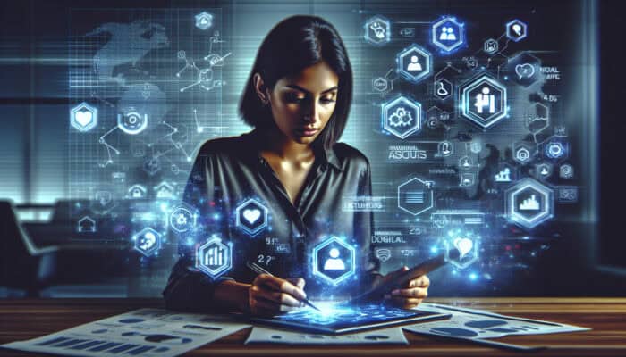 A marketer in a modern office analysing social media icons of Instagram, Snapchat, and LinkedIn, surrounded by glowing demographic charts.