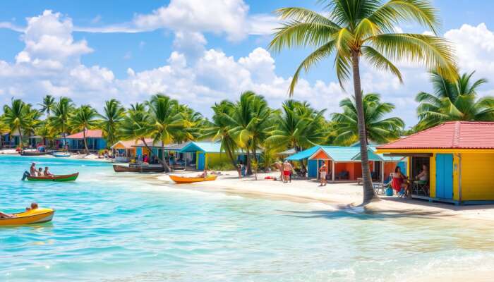 A picturesque tropical beach scene in San Pedro, Belize, featuring vibrant beach huts, lush palm trees, clear turquoise waters, and people enjoying various water sports and local delicacies.