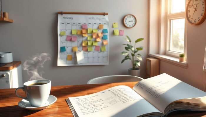 A welcoming kitchen in the morning with a steaming cup of coffee, a colourful wall calendar, an open planner filled with notes, sunlight streaming through a window, and a clock indicating 7:00 AM.