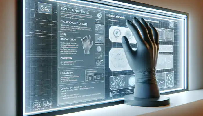 Close-up of innovative powder-free latex gauntlet gloves with ergonomic curves, textured fingertips, and flexible blends in a Colchester lab.