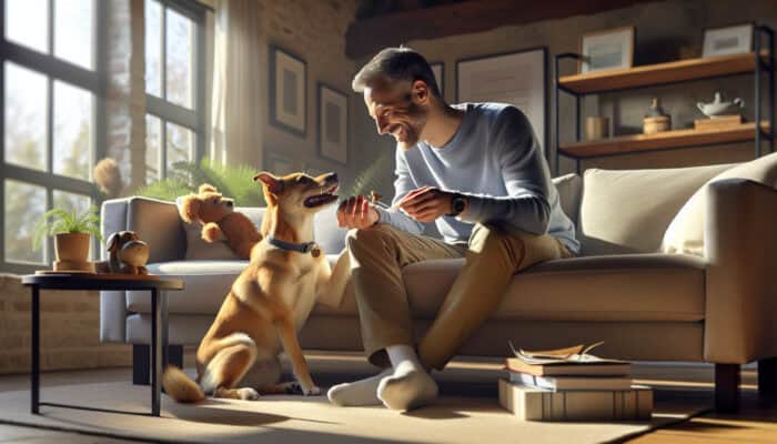 Affectionate spayed dog cuddling and playing with smiling owner on a cosy sofa in a sunlit living room.