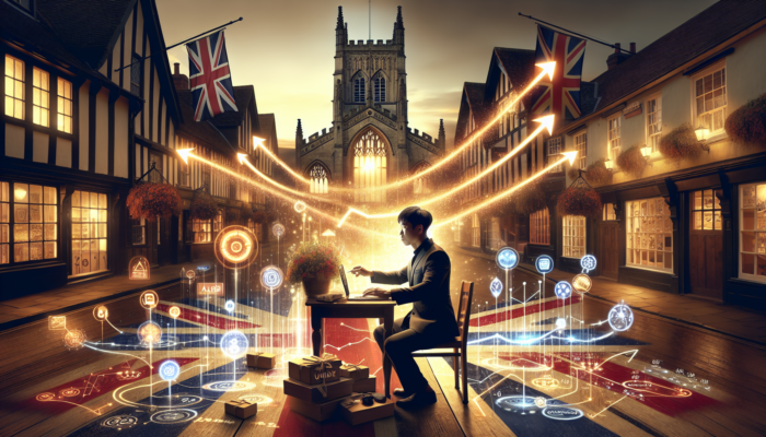An analyst in historic Shaftesbury, UK, scrutinises a glowing dashboard with rising graphs that represent social media ROI metrics and British flags.