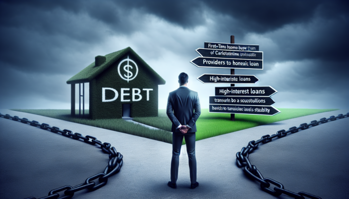 A stressed first-time home buyer at a crossroads: one path to a shadowy lender's debt traps, another to a secure bank.