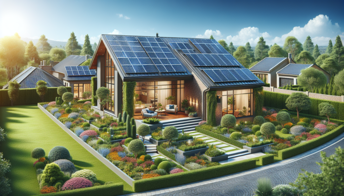 A modern suburban home in Pretoria with solar panels on the roof, surrounded by vibrant gardens and a blue sky, symbolizing sustainable energy and increased property value.