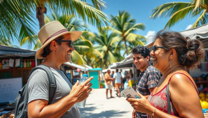 A traveler applies sunscreen in a Belizean market, chatting with smiling locals while holding water and cash under palm trees.