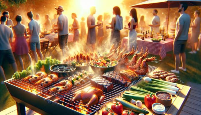 A barbecue grill with marinated beef steaks, chicken, seafood, and golden tempeh, steaming under flames at a sunny outdoor gathering.