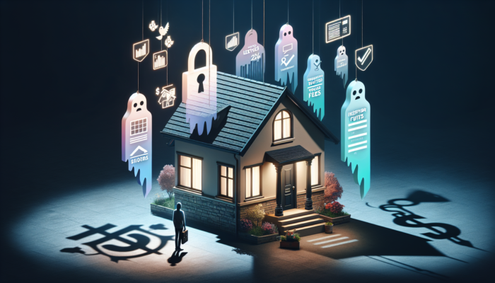 A hopeful first-time buyer unlocking a suburban house in Vanderbijlpark, with ghostly figures of hidden costs like levies and fees emerging from shadows.