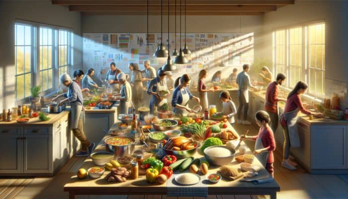 How to Cook for a Big Family Reunion: A bustling kitchen counter with fresh chicken, beef, seasonal vegetables, rice, and pasta, bathed in warm sunlight for a joyful family gathering.