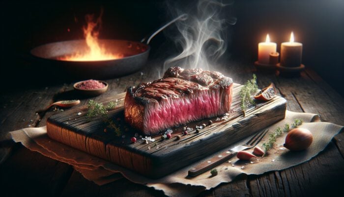 How to Reverse-Sear a Steak for Perfection: A succulent steak on a rustic wooden board with pink interior, golden crust, rising steam, scattered herbs, and a hot pan.