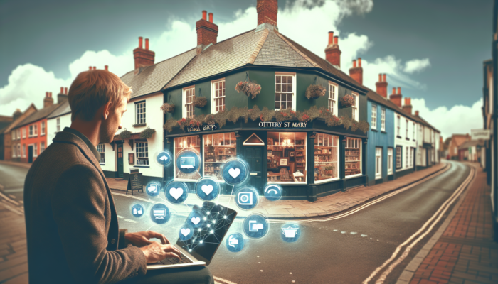 Quaint street in Ottery St Mary: small business owner in historic shop manages social media on laptop with floating icons.