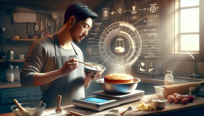 Baker in a sunlit kitchen weighing ingredients precisely and gently mixing batter, with a slumped over-mixed cake nearby, highlighting baking errors.