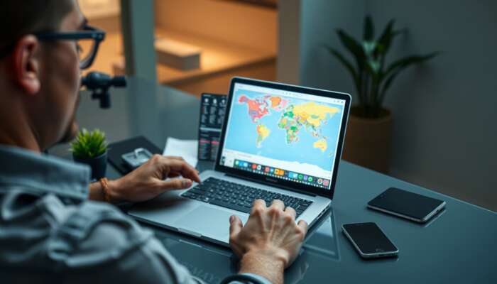 A traveller at a sleek desk organises vacation logistics on a laptop, showing flight bookings, hotel reservations, and a colourful itinerary map.
