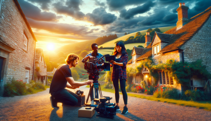 A diverse film crew shoots outdoors in Beaminster amid historic cottages and green hills, using cameras and lights at sunset.