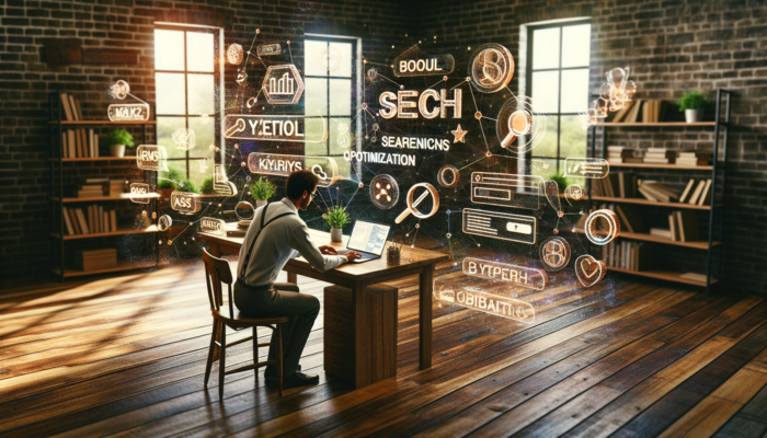 On-Page SEO in Yeovil for Small Business: A small business owner in Yeovil optimizes a website on a laptop, surrounded by floating SEO icons like keywords and meta tags.