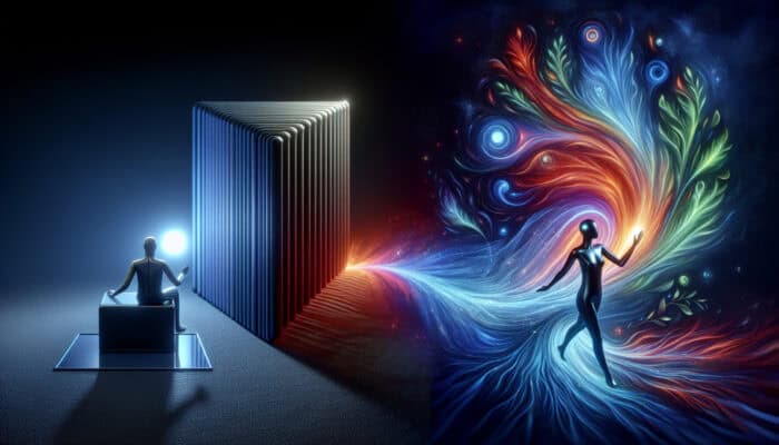 Illustration of SEO evolution: a computer screen with bold short keywords like "best pizza" versus a user engaging a voice assistant with natural conversational phrases.