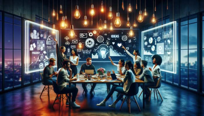 A diverse team brainstorming in a modern advertising agency, surrounded by sketches, screens displaying viral campaigns, strategy charts, and vibrant idea lightbulbs.