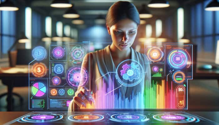 A focused marketer in a high-tech office analysing holographic dashboards showcasing ad metrics, bidding strategies, and real-time budget flows under neon lighting.