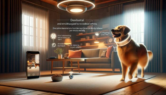 Playful golden retriever wearing a smart collar interacts with a treat-dispensing camera in a cosy living room, viewed on a smartphone app.