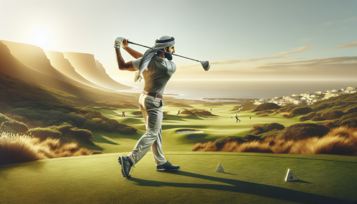 A golfer in athletic gear performs arm swings, leg swings, and torso twists on a lush Cape Town golf course with rolling hills and ocean cliffs.