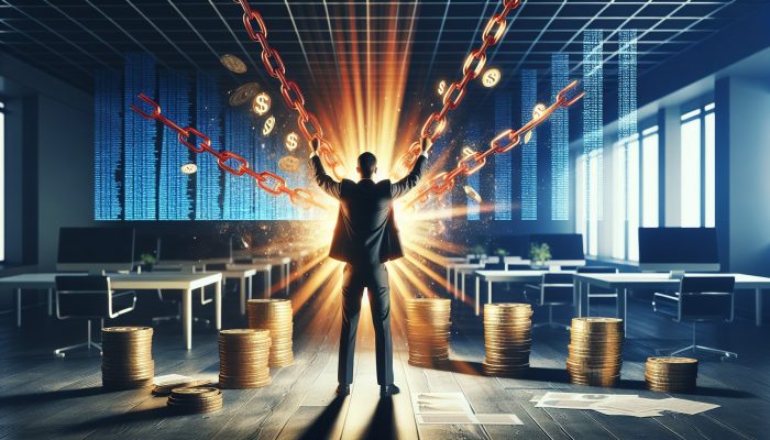 Person in a modern office breaking red overdraft chains into a golden rope, with glowing financial charts in the background, symbolizing debt relief.